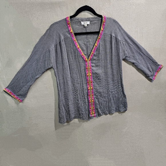 THML Wmn Med Aztec Tribal Embroidery VNeck Pullover Boho Hippie Woven Tunic Top - Picture 2 of 10